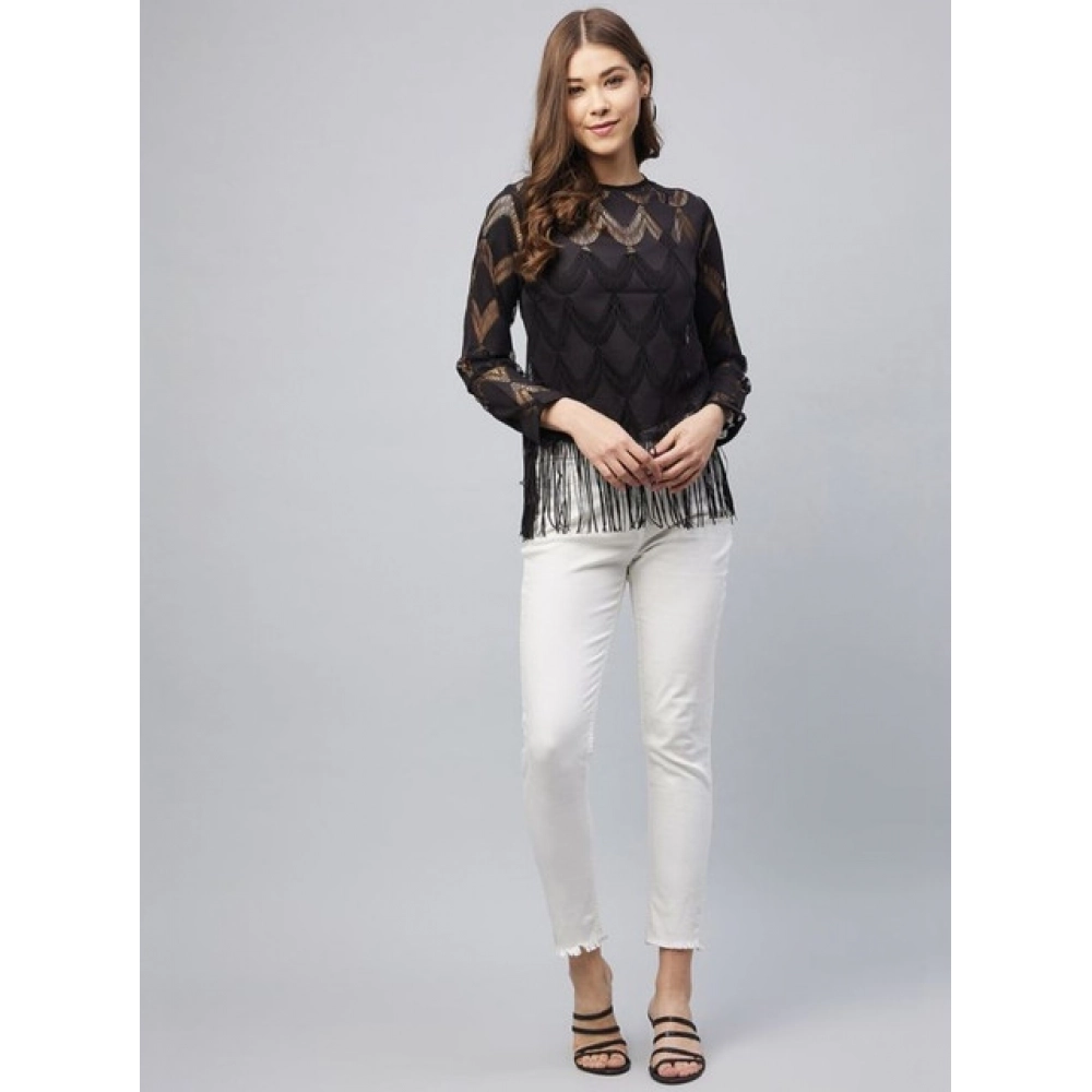 Women's Lace Self Design Short Sleeve Top (Black)