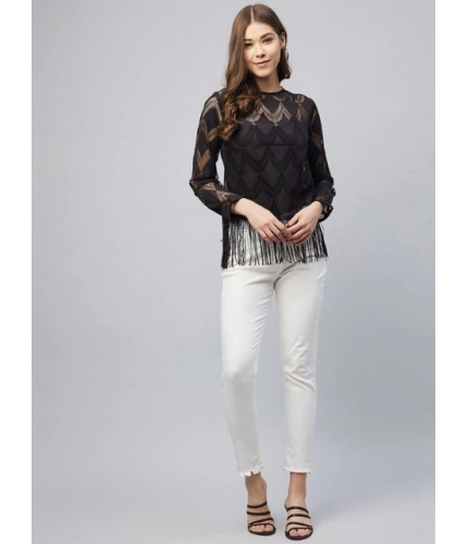 Women's Lace Self Design Short Sleeve Top (Black)