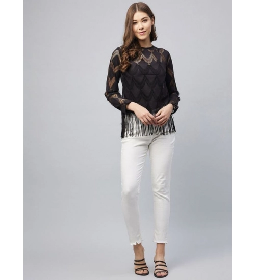 Women's Lace Self Design Short Sleeve Top (Black) Women's Lace Self Design Short Sleeve Top (Black)