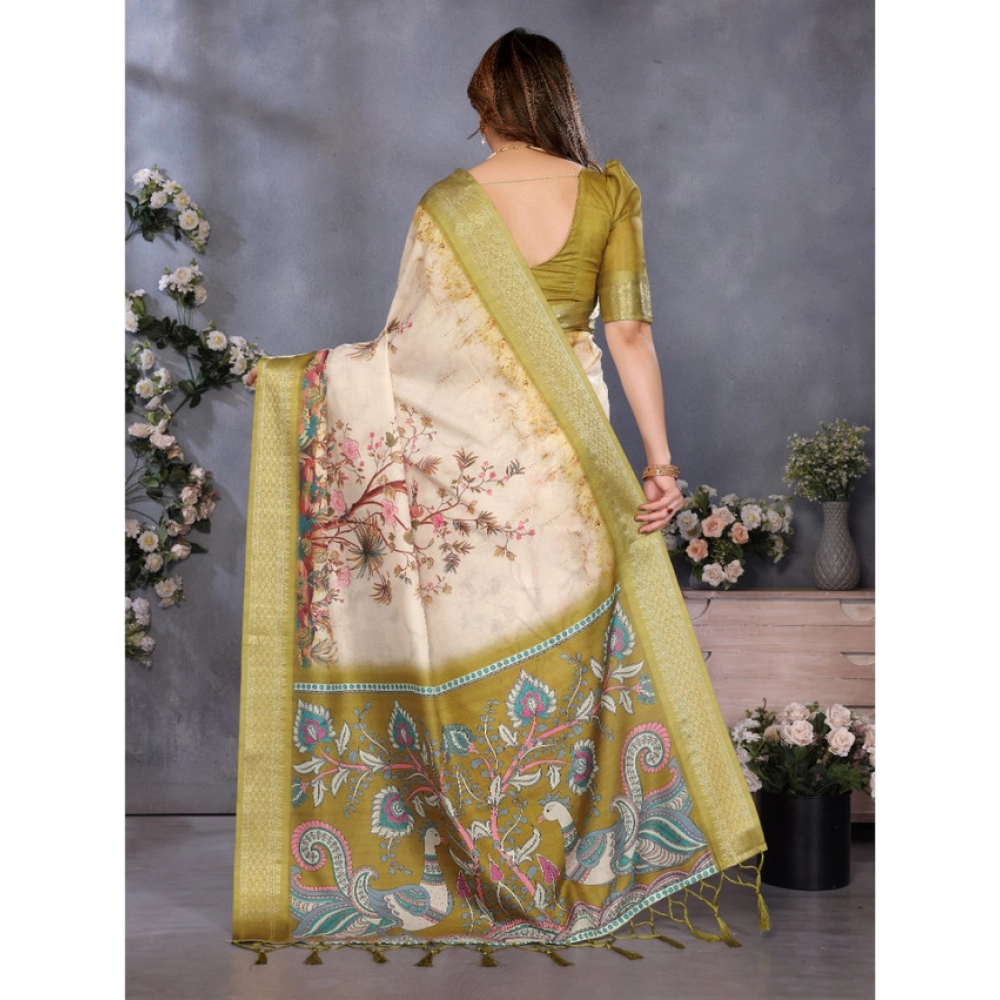 Women's Cotton Silk  Printed Saree With Unstitched Blouse 5.5Mtr (Olive Green)