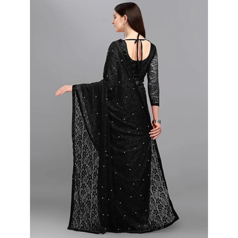 Women's Net Self Design Saree With Unstitched Blouse 5.5Mtr (Black)