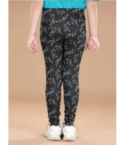Girl's Cotton Lycra Floral Elasticated Jeggings (Multicolor)