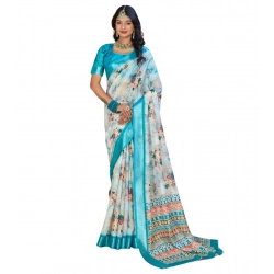Women's Printed Cotton Linen Saree withPrinted  Saree With Unstitched Blouse (Blue, 5-6Mtrs)