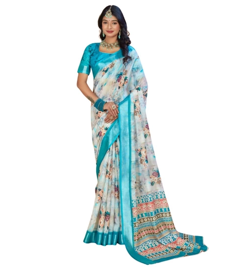 Women's Printed Cotton Linen Saree withPrinted  Saree With Unstitched Blouse (Blue, 5-6Mtrs)