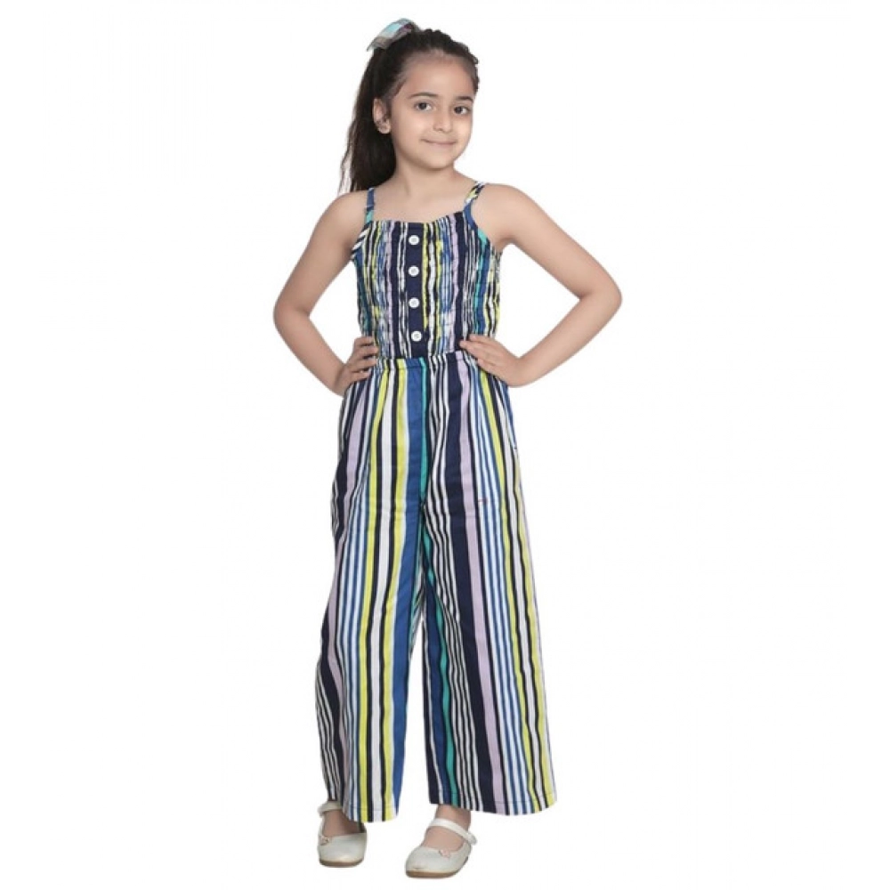 Girl's Rayon Striped Sleeveless Jumpsuit (Blue)