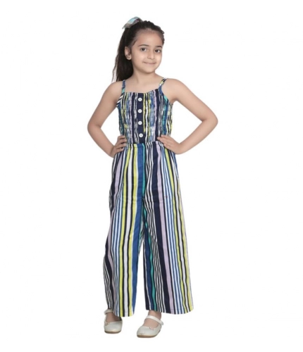Girl's Rayon Striped Sleeveless Jumpsuit (Blue)