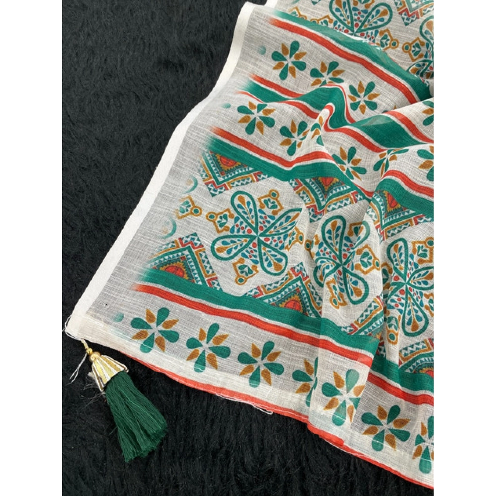 Women's Linen Cotton  Printed Saree With Unstitched Blouse 5.5Mtr (Green)