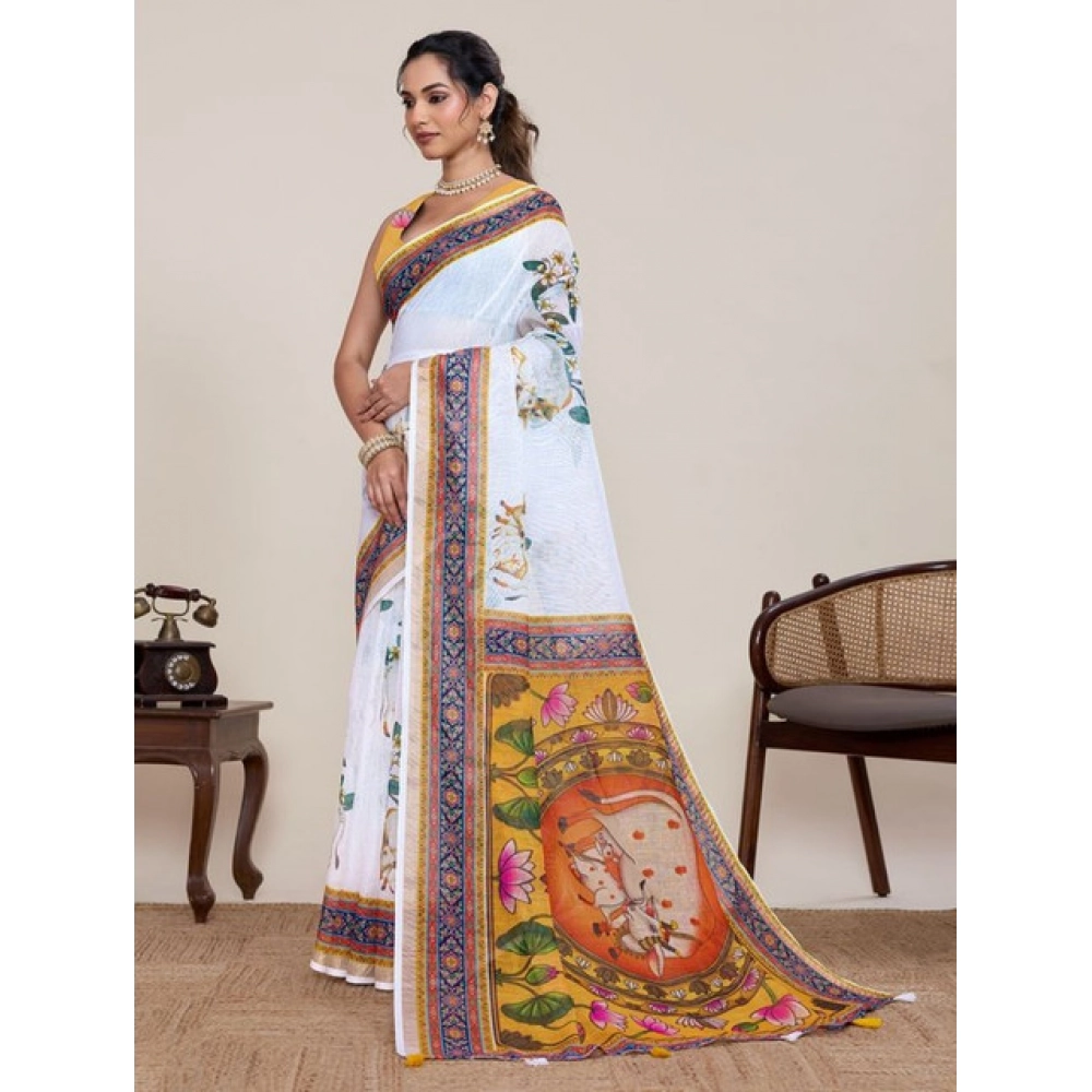 Women's Linen Floral Printed Saree With Unstitched Blouse 5.5Mtr (White) Women's Linen Floral Printed Saree With Unstitched Blouse 5.5Mtr (White)