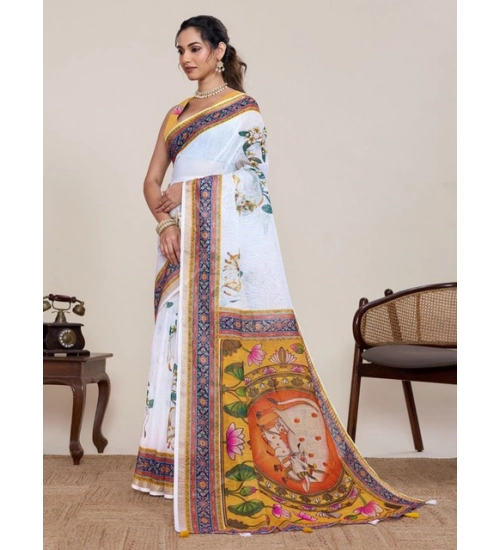 Women's Linen Floral Printed Saree With Unstitched Blouse 5.5Mtr (White)