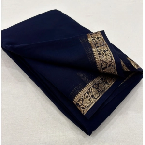 Generic Women's Crepe Chit Pallu Solid Saree With Unstitched Blouse 5.5Mtr (Navy Blue)
