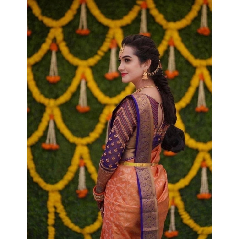 Women's Litchi silk Printed Saree With Unstitched Blouse (Orange) Women's Litchi silk Printed Saree With Unstitched Blouse (Orange)
