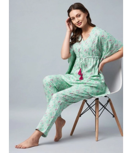 Women's Rayon Floral Kaftan Sleeve Night Suit (Green - Pink)