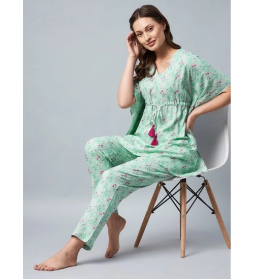Women's Rayon Floral Kaftan Sleeve Night Suit (Green - Pink) Women's Rayon Floral Kaftan Sleeve Night Suit (Green - Pink)