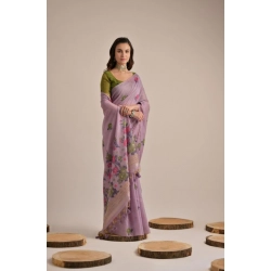Women's Blended_Cotton Floral Motifs And Woven Buttas Saree With Unstitched Blouse 5.5Mtr (Lavender)