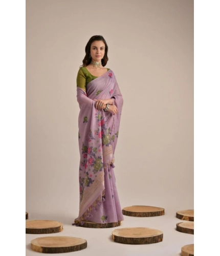 Women's Blended_Cotton Floral Motifs And Woven Buttas Saree With Unstitched Blouse 5.5Mtr (Lavender)