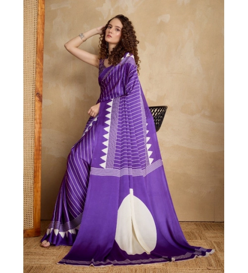 Women's Satin Crepe Printed Saree With Unstitched Blouse 5.5Mtr (Lavender)