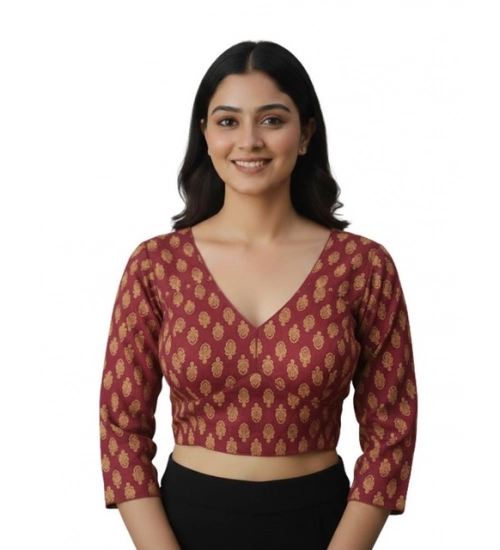 Women's Ajrakh Cotton Printed Halter Neck Padded Blouse (Maroon 38 Ready (Self Alterable 36–40)