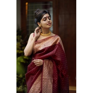 Generic Women's Litchi silk Printed Saree With Unstitched Blouse (Maroon)