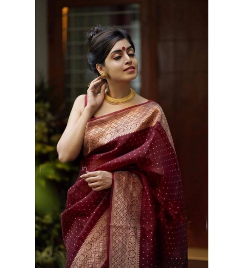 Women's Litchi silk Printed Saree With Unstitched Blouse (Maroon)