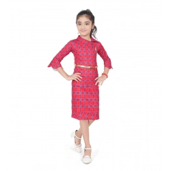 Girl's Knitted Printed 3/4 th Sleeve Close Neck Dress (Pink)
