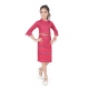 Girl's Knitted Printed 3/4 th Sleeve Close Neck Dress (Pink)