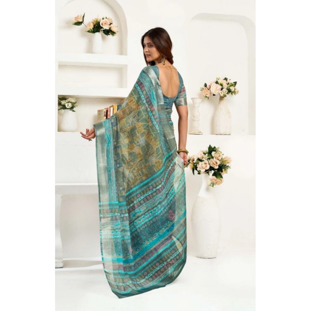 Women's Faux Linen Printed Ready to wear Saree With Unstitched Blouse 5.5Mtr (Multicolor) Women's Faux Linen Printed Ready to wear Saree With Unstitched Blouse 5.5Mtr (Multicolor)