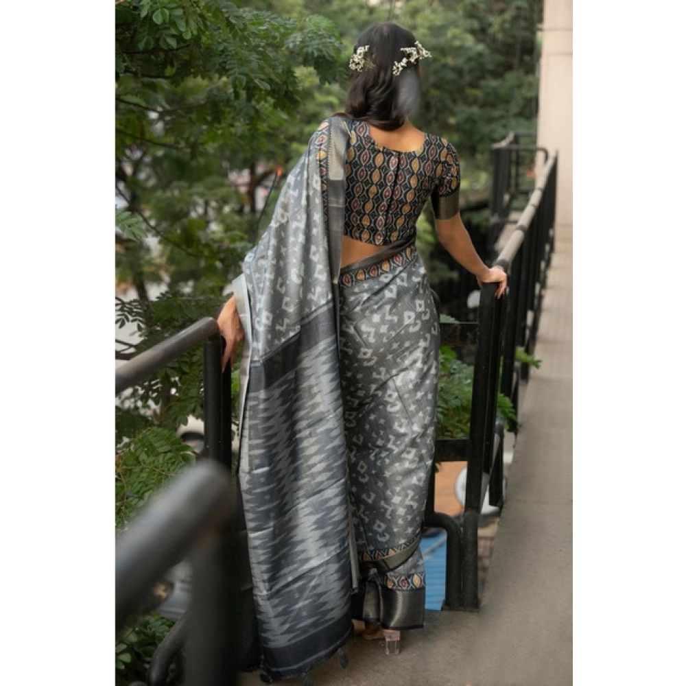 Women's Polyester Printed Saree With Unstitched Blouse 5.5 Mtr (Grey)