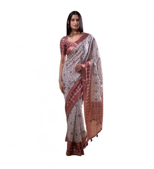 Women's Polyester Printed Saree With Unstitched Blouse 5.5 Mtr (Off-White)