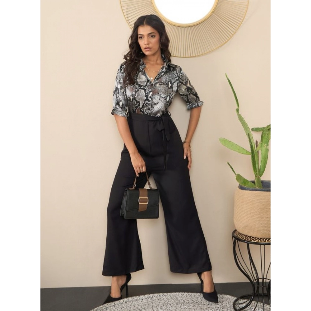 Women's Satin And Polyester Floral Half Sleeves Jumpsuit (Grey - Black)