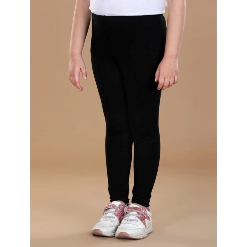 Girl's Cotton Lycra Solid Elasticated Leggings (Black)