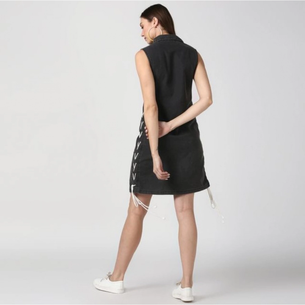 Women's Denim Solid Sleeveless Dress (Black) Women's Denim Solid Sleeveless Dress (Black)