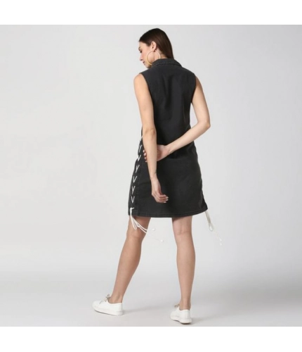Women's Denim Solid Sleeveless Dress (Black)