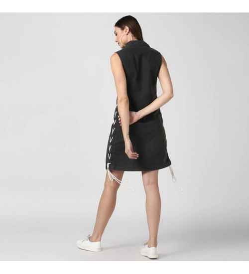 Women's Denim Solid Sleeveless Dress (Black) Women's Denim Solid Sleeveless Dress (Black)