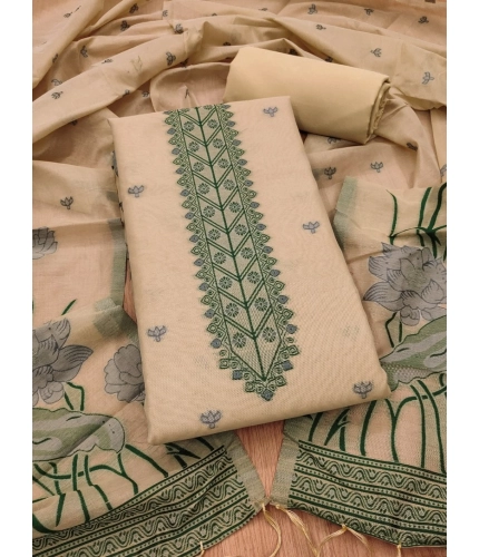 Women's Banarasi Silk Printed Unstitched Salwar Suit Material With Dupatta (Cream, 3Mtrs)