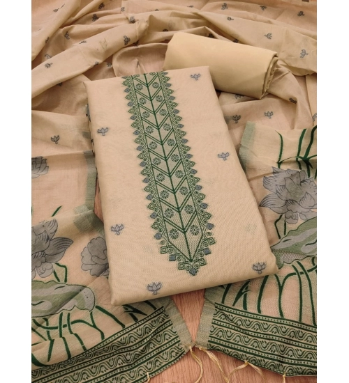 Women's Banarasi Silk Printed Unstitched Salwar Suit Material With Dupatta (Cream, 3Mtrs)