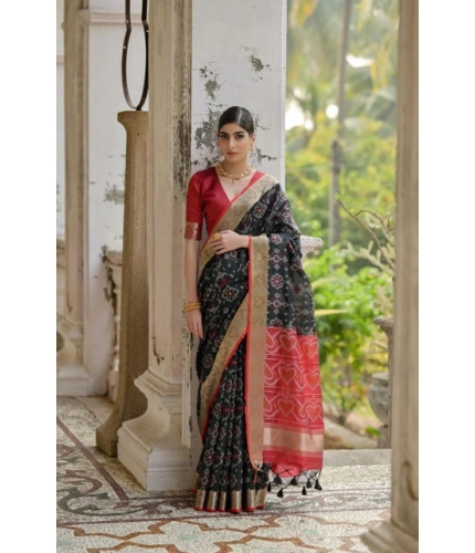 Women's Silk_Blend Ethnic Ikat Pattern Saree With Unstitched Blouse 5.5Mtr (Black)
