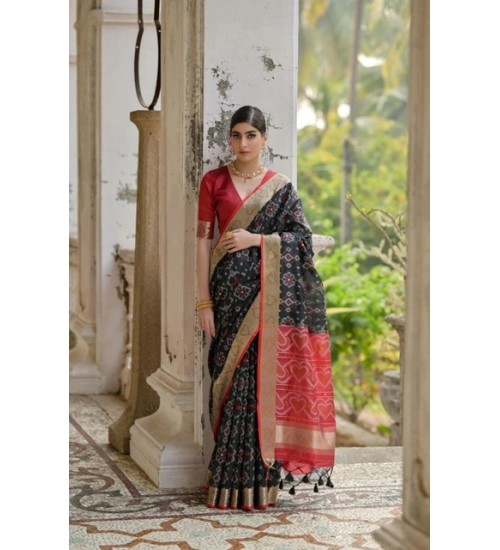 Women's Silk_Blend Ethnic Ikat Pattern Saree With Unstitched Blouse 5.5Mtr (Black)