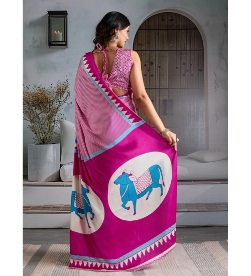 Women's Satin Crepe Printed Saree With Unstitched Blouse 5.5Mtr (Pink)