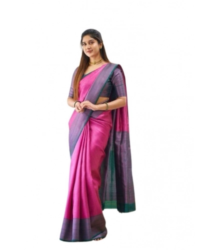 Women's Soft Lichi Silk Printed Saree With Unstitched Blouse 5.5Mtr (Pink)