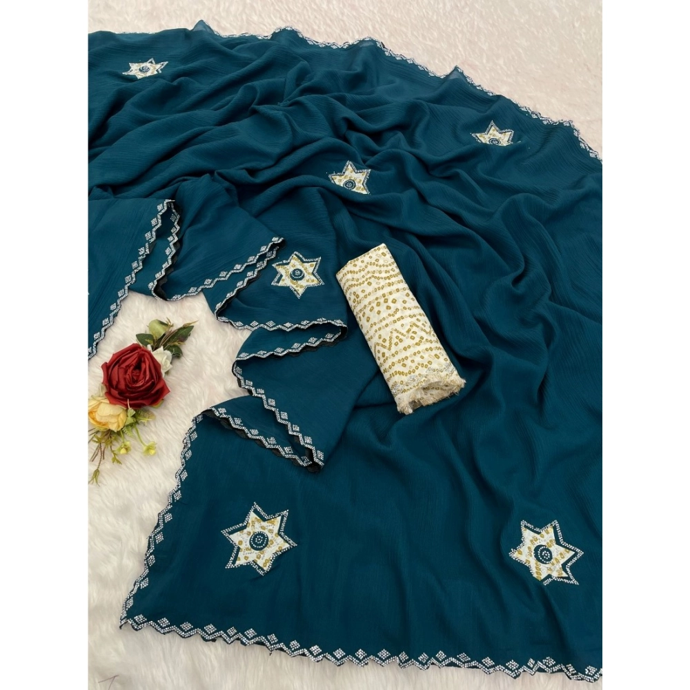 Women's Chiffon Butti Dotted Saree With Unstitched Blouse 5.5Mtr (Blue)