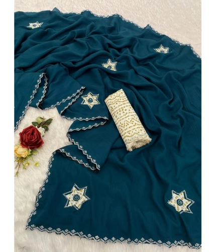 Women's Chiffon Butti Dotted Saree With Unstitched Blouse 5.5Mtr (Blue) Women's Chiffon Butti Dotted Saree With Unstitched Blouse 5.5Mtr (Blue)