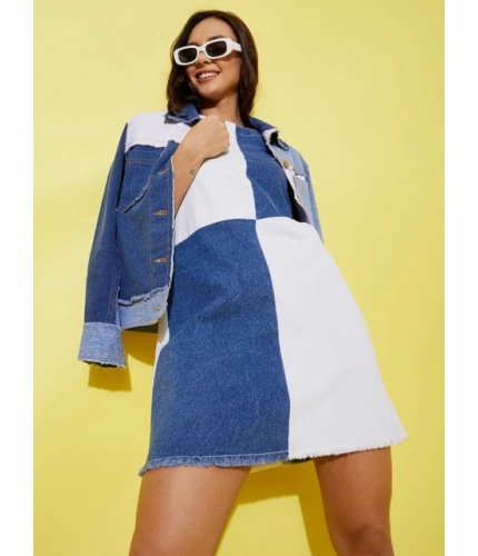 Women's Denim Color Blocking Sleeveless Dress (Blue)