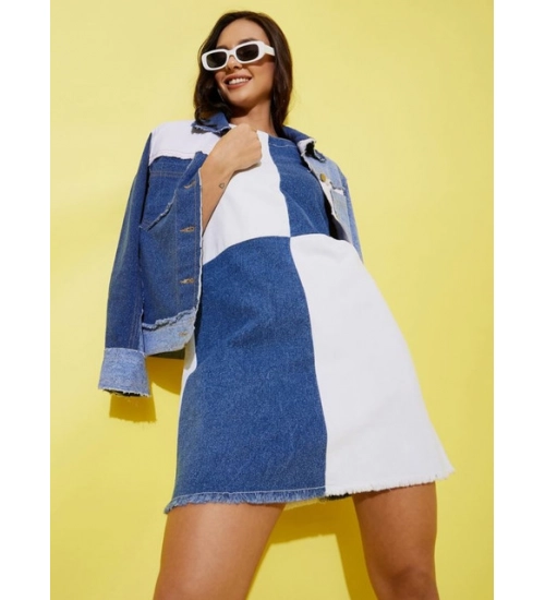 Women's Denim Color Blocking Sleeveless Dress (Blue)