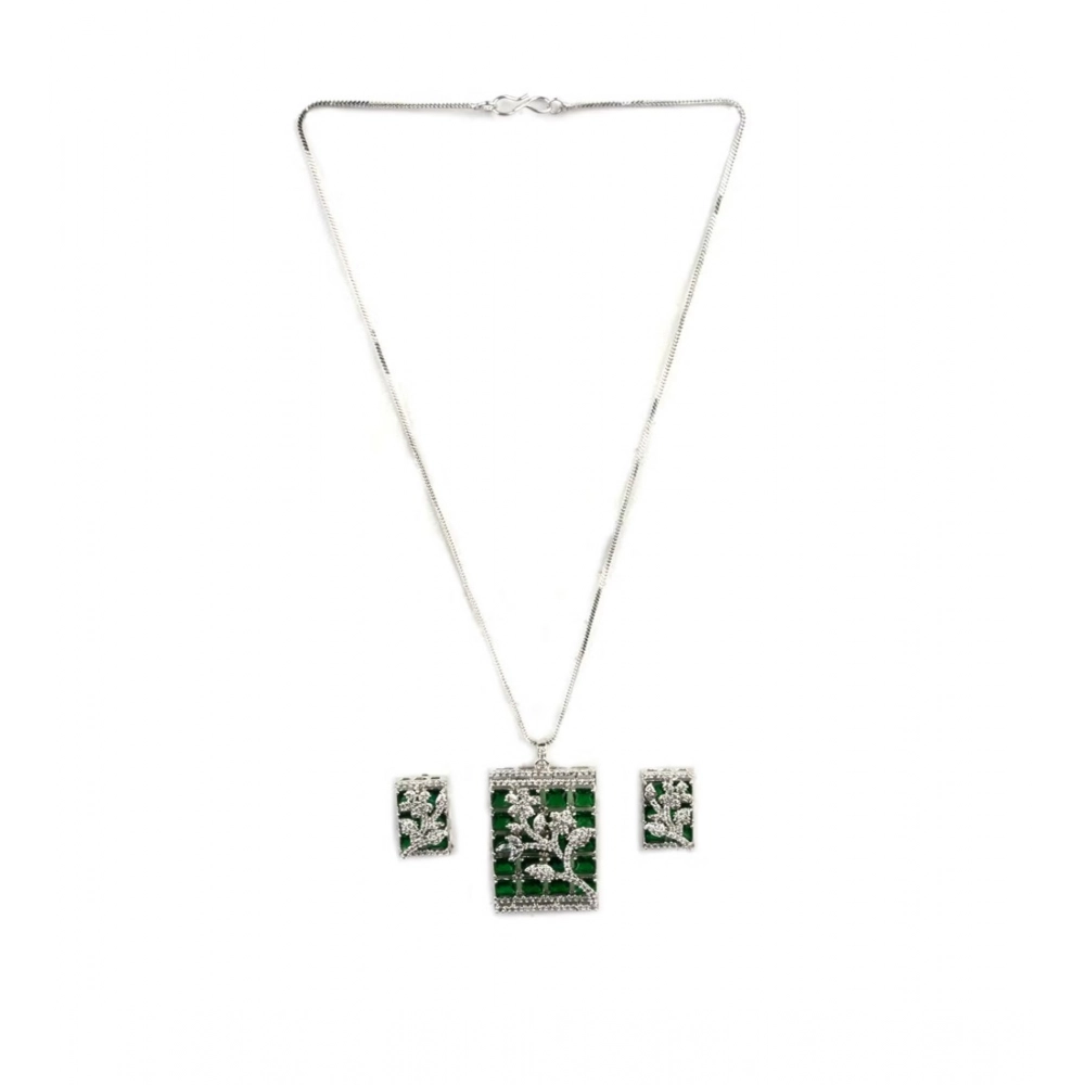 Women's Brass Silver Plated Pendant Set (Green)