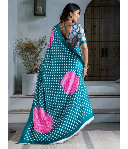 Women's Satin Crepe Printed Saree With Unstitched Blouse 5.5Mtr (Sky Blue)