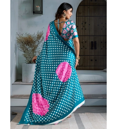 Women's Satin Crepe Printed Saree With Unstitched Blouse 5.5Mtr (Sky Blue)