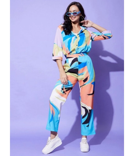 Women's Polyester Colour Blocking 3-4th Sleeve Co-Ord Set (Multicolor)