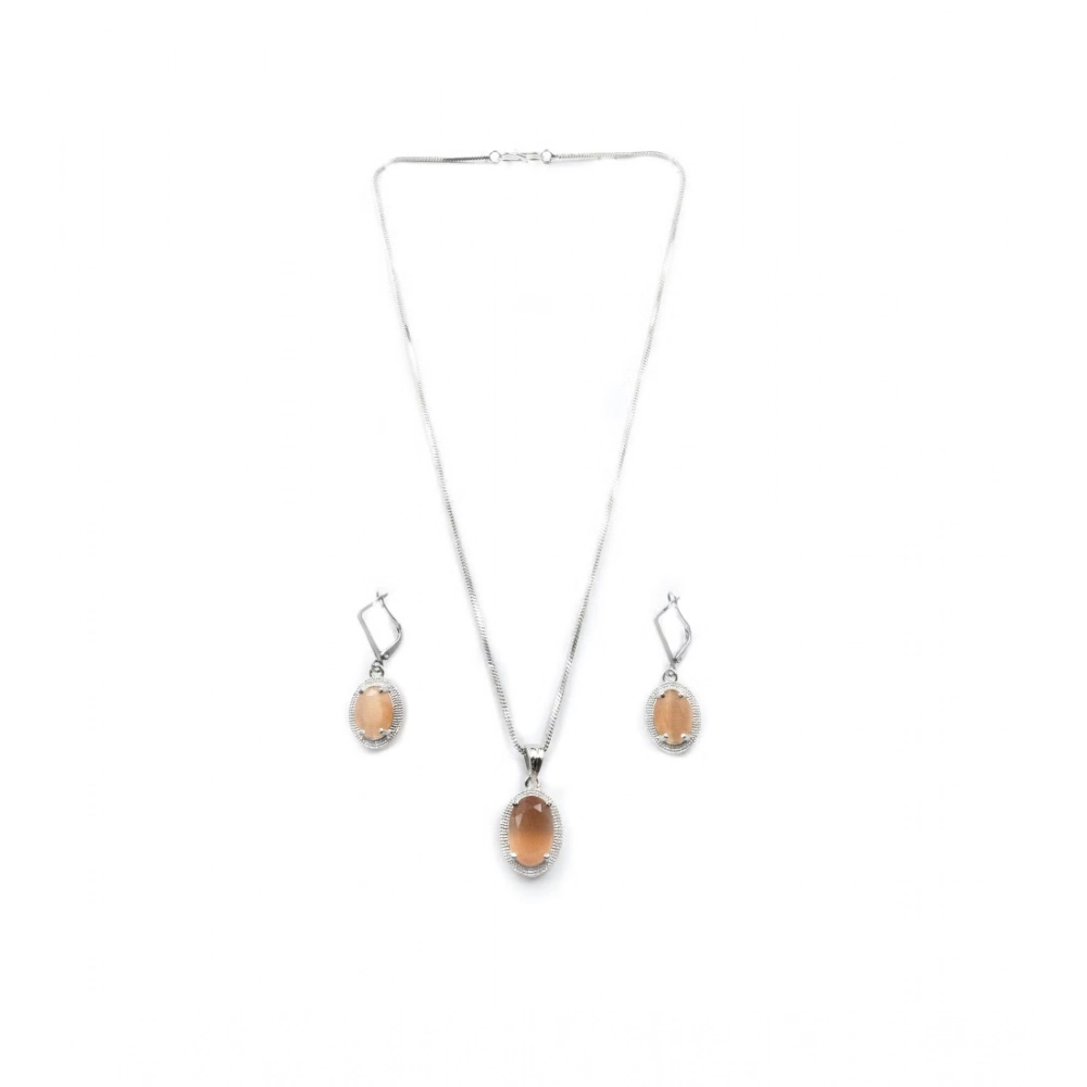 Women's Brass Silver Plated Pendant Set (Orange)