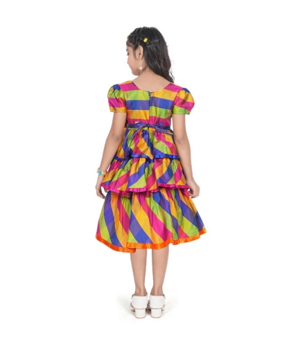 Girl's Taffeta Silk Striped Short Sleeve V Neck Dress (Multicolor)