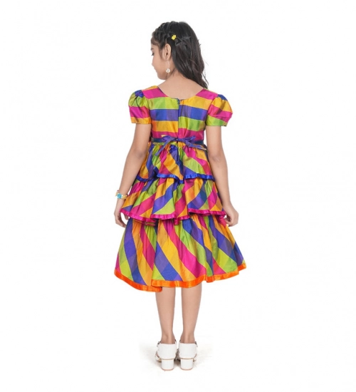 Girl's Taffeta Silk Striped Short Sleeve V Neck Dress (Multicolor)